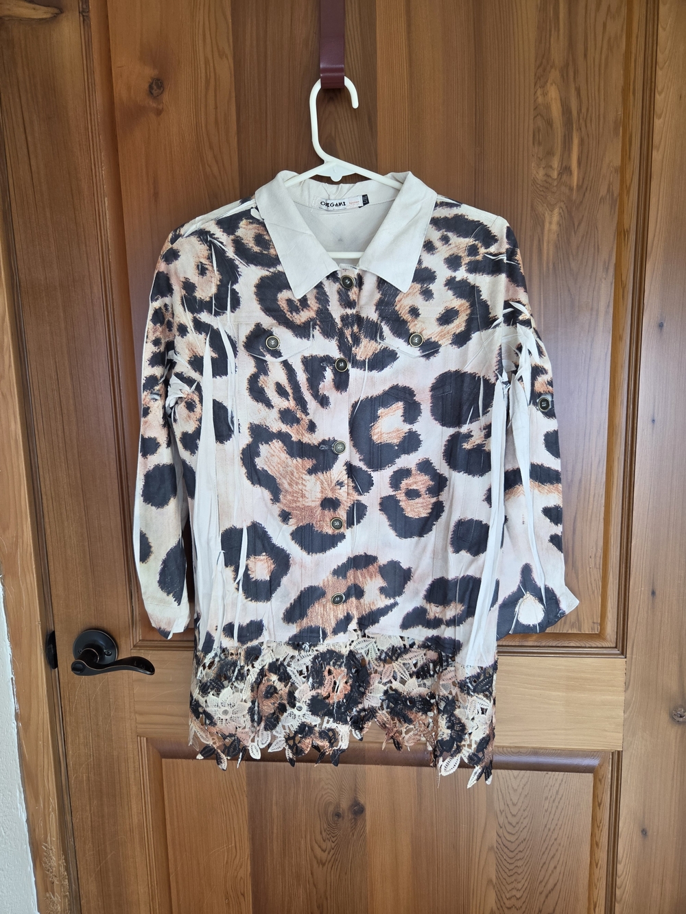 Leopard-Print Fringe Button-Down Shirt - Cream/Tan/Black